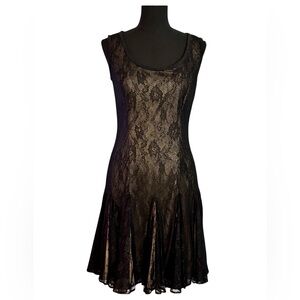 TADASHI SHOJI Sleeveless Dress Nude with Black Lace Overlay